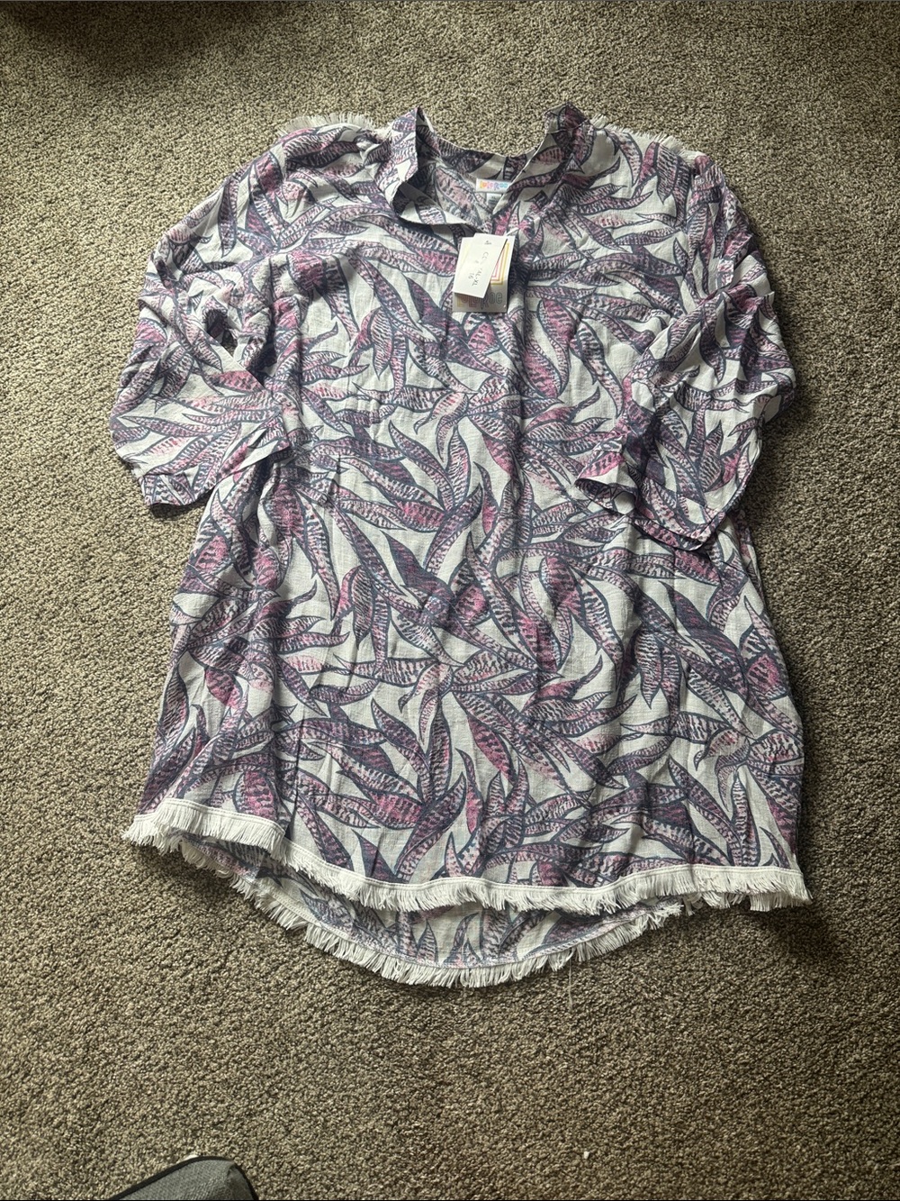 LuLaRoe Printed Fringe-Hem Swim Coverup in Pink & Purple Leaf Motif